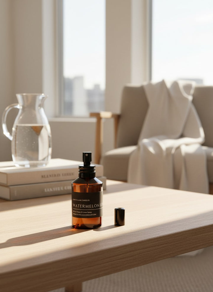 WATERMELON LEMONADE ROOM AND FABRIC SPRAY in amber bottle for refreshing home fragrance by Glim Glam