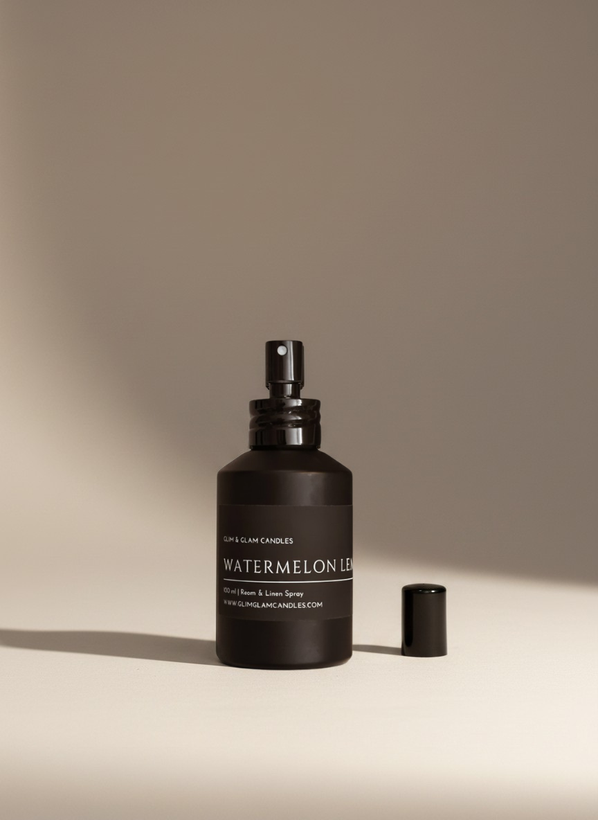 WATERMELON LEMONADE ROOM AND FABRIC SPRAY in black matte bottle for refreshing home fragrance by Glim Glam