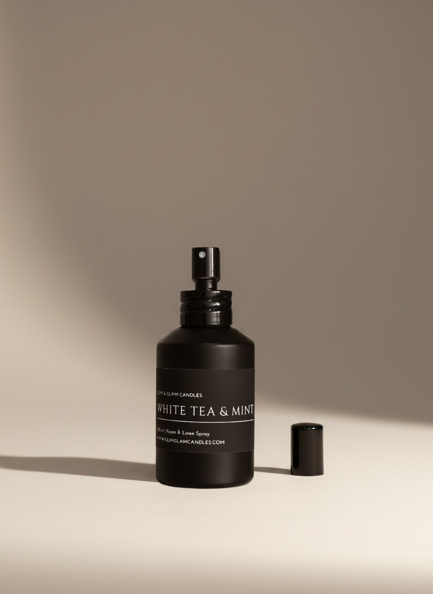 WHITE TEA & MINT ROOM AND FABRIC SPRAY in black matte bottle for refreshing home fragrance by Glim Glam