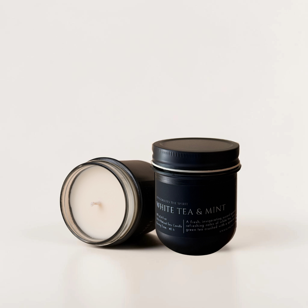 WHITE TEA & MINT handcrafted soy candle in black matte jar, luxury home fragrance by Glim Glam