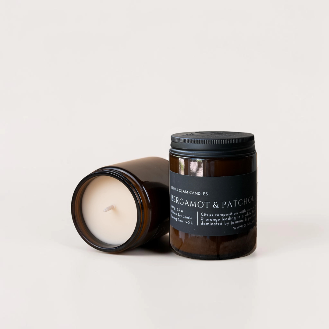 BERGAMOT & PATCHOULI handcrafted soy candle in amber jar, luxury home fragrance by Glim Glam