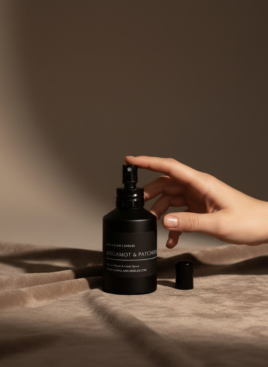 BERGAMOT & PATCHOULI ROOM AND FABRIC SPRAY in amber bottle for refreshing home fragrance by Glim Glam