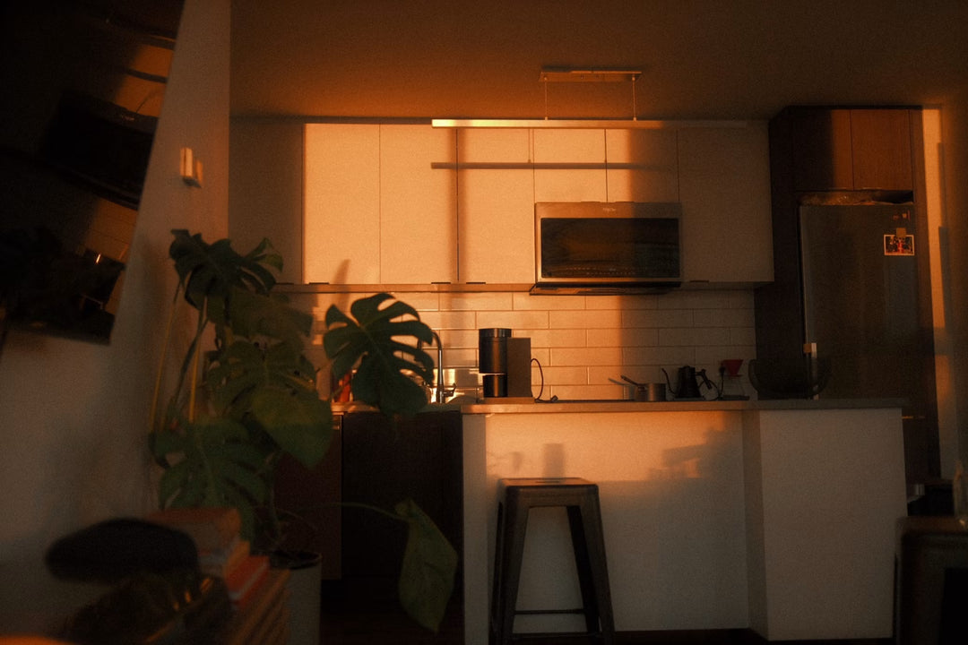 Sunlit kitchen styled with plants and natural materials, perfect for citrus home fragrances.