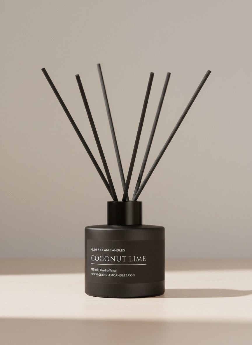COCONUT LIME REED DIFFUSER in black matte 100 ml bottle, long-lasting luxury home fragrance by Glim Glam