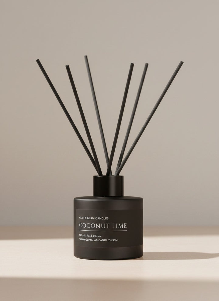 COCONUT LIME REED DIFFUSER in black matte 100 ml bottle, long-lasting luxury home fragrance by Glim Glam