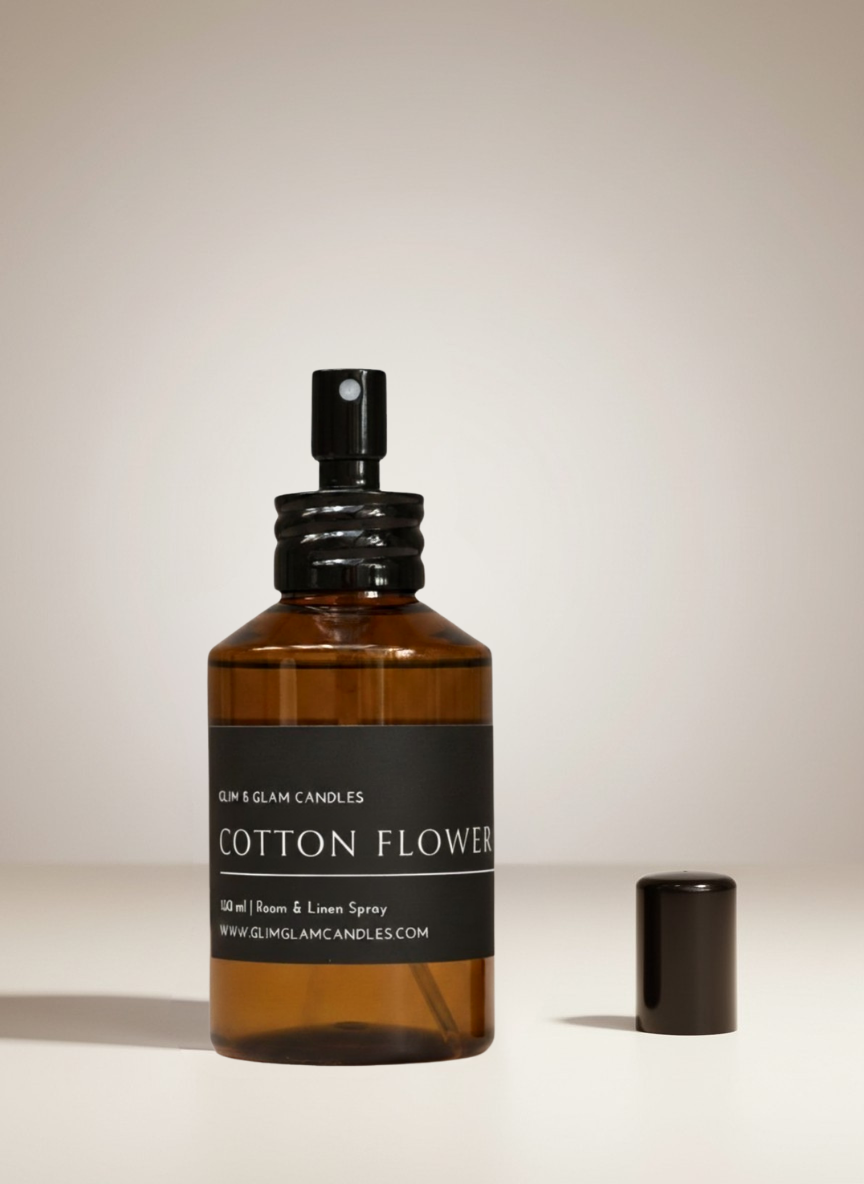 COTTON FLOWER ROOM AND FABRIC SPRAY in black glossy bottle for refreshing home fragrance by Glim Glam