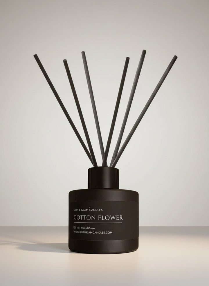 COTTON FLOWER REED DIFFUSER in black matte 100 ml bottle, long-lasting luxury home fragrance by Glim Glam