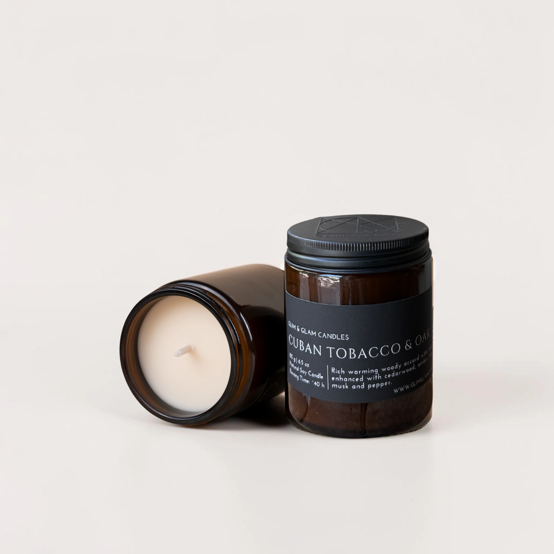 CUBAN TOBACCO & OAK handcrafted soy candle in amber jar, luxury home fragrance by Glim Glam