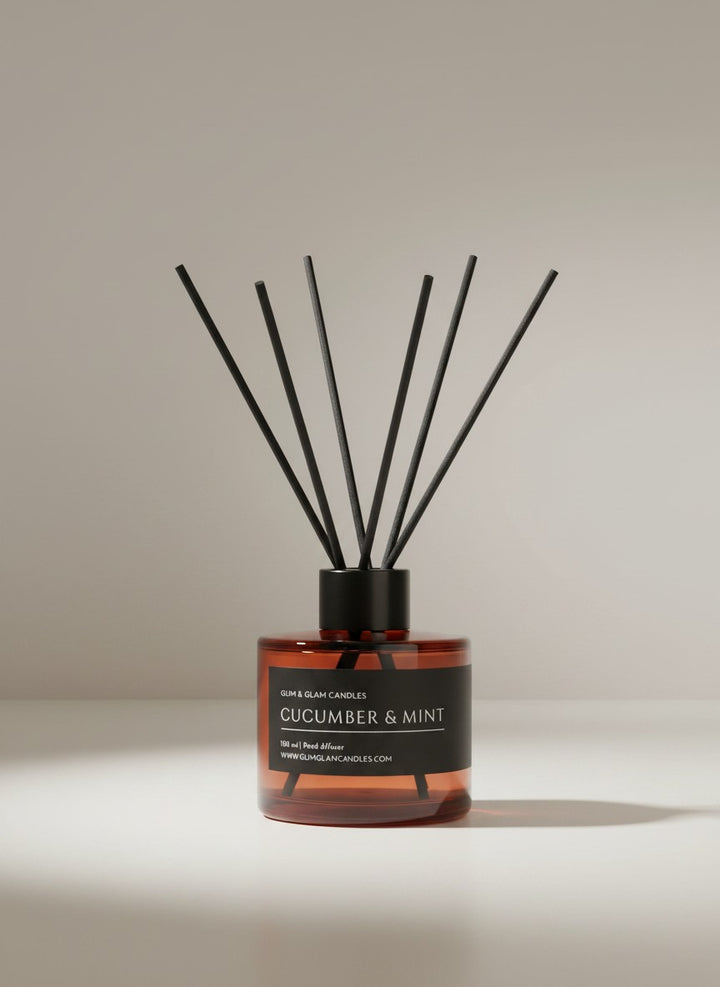 CUCUMBER & MINT REED DIFFUSER in black matte 500 ml bottle, long-lasting luxury home fragrance by Glim Glam