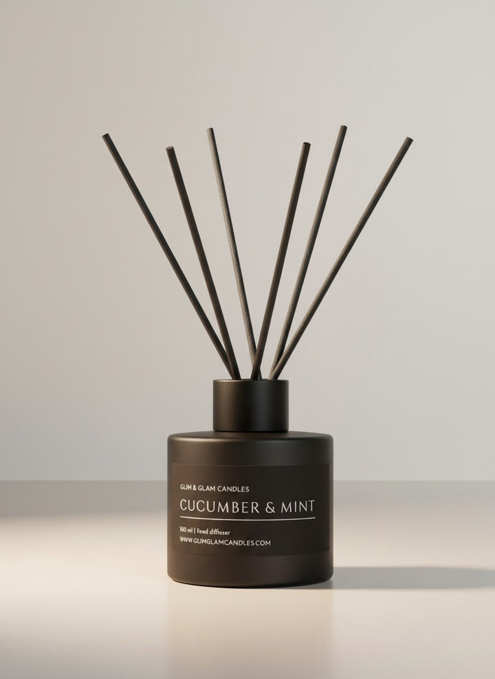 CUCUMBER & MINT REED DIFFUSER in black matte 100 ml bottle, long-lasting luxury home fragrance by Glim Glam