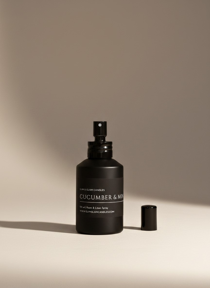 CUCUMBER & MINT ROOM AND FABRIC SPRAY in black matte bottle for refreshing home fragrance by Glim Glam