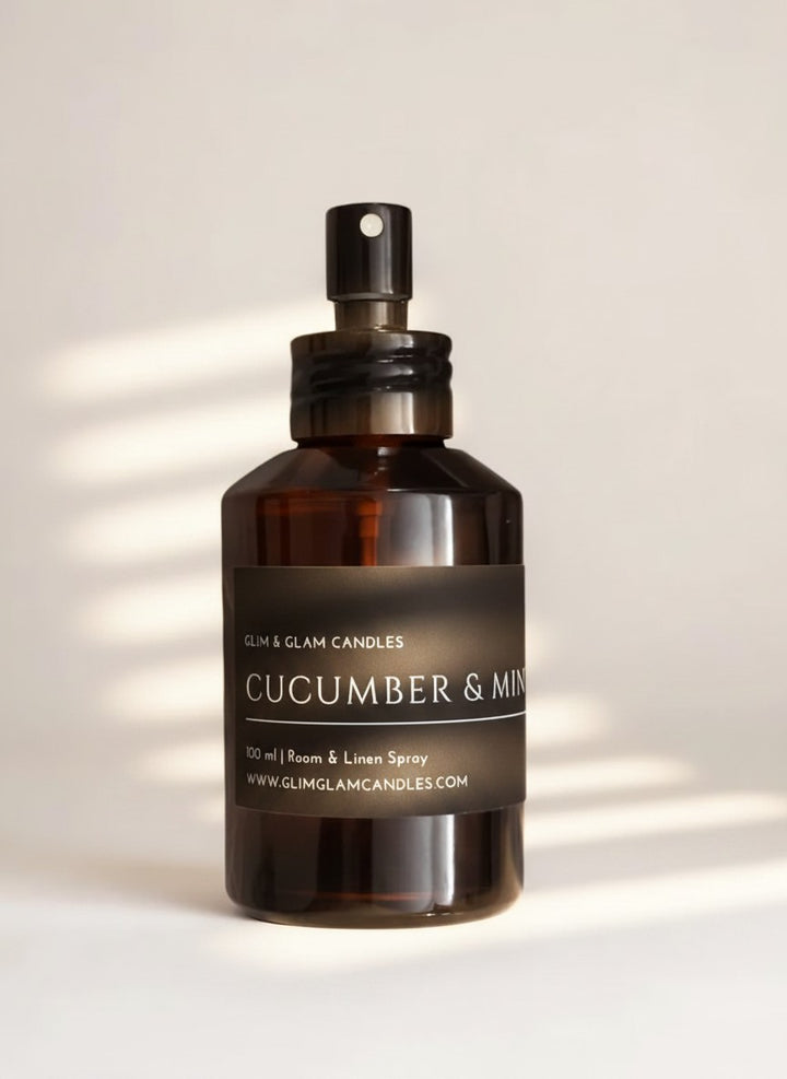 CUCUMBER & MINT ROOM AND FABRIC SPRAY in black glossy bottle for refreshing home fragrance by Glim Glam