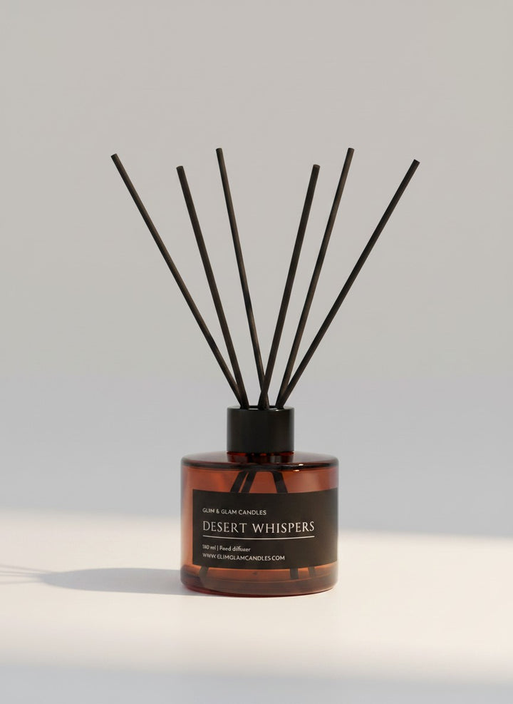 DESERT WHISPERS REED DIFFUSER in black matte 500 ml bottle, long-lasting luxury home fragrance by Glim Glam