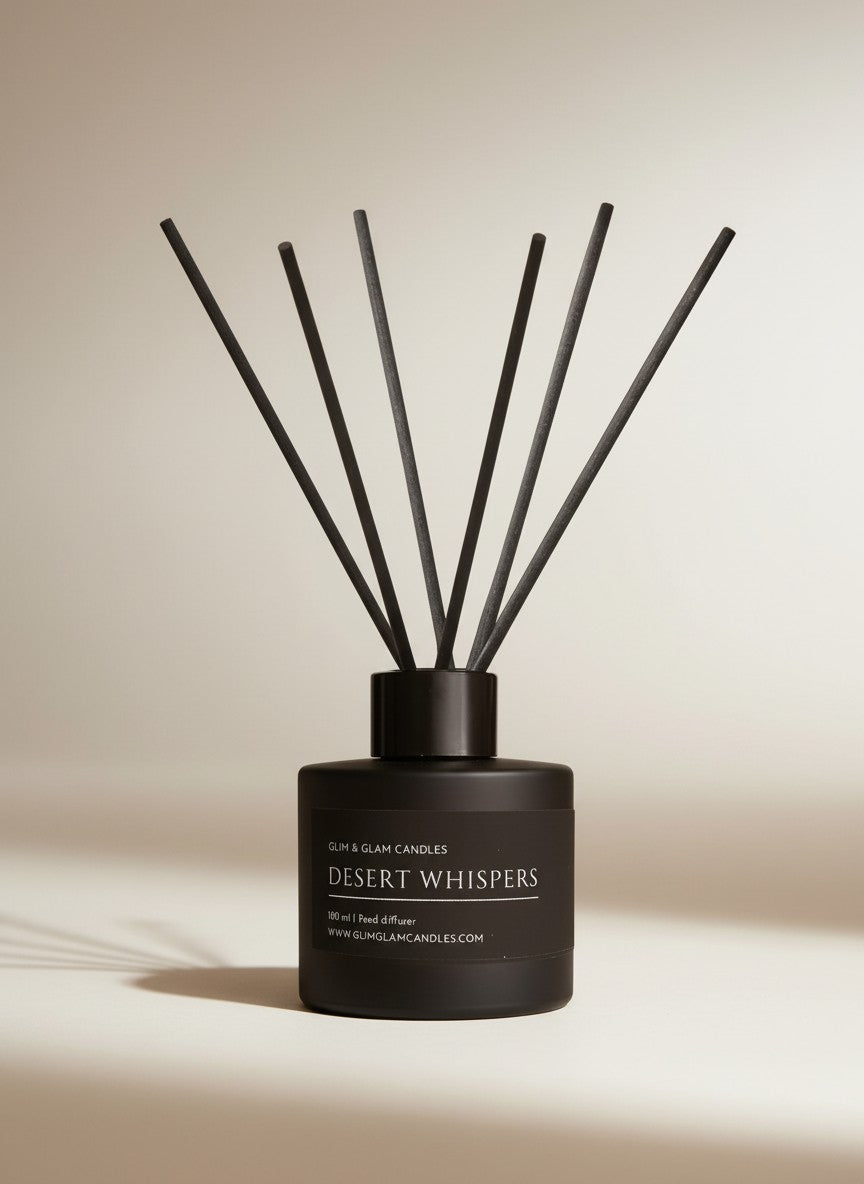 DESERT WHISPERS REED DIFFUSER in black matte 100 ml bottle, long-lasting luxury home fragrance by Glim Glam