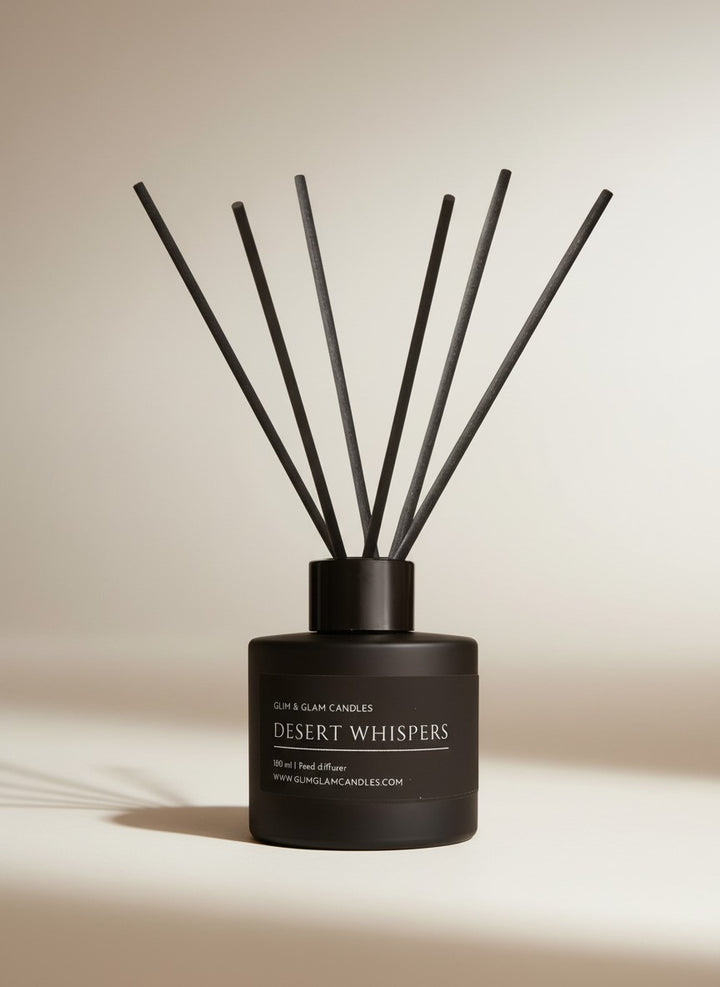 DESERT WHISPERS REED DIFFUSER in black matte 100 ml bottle, long-lasting luxury home fragrance by Glim Glam