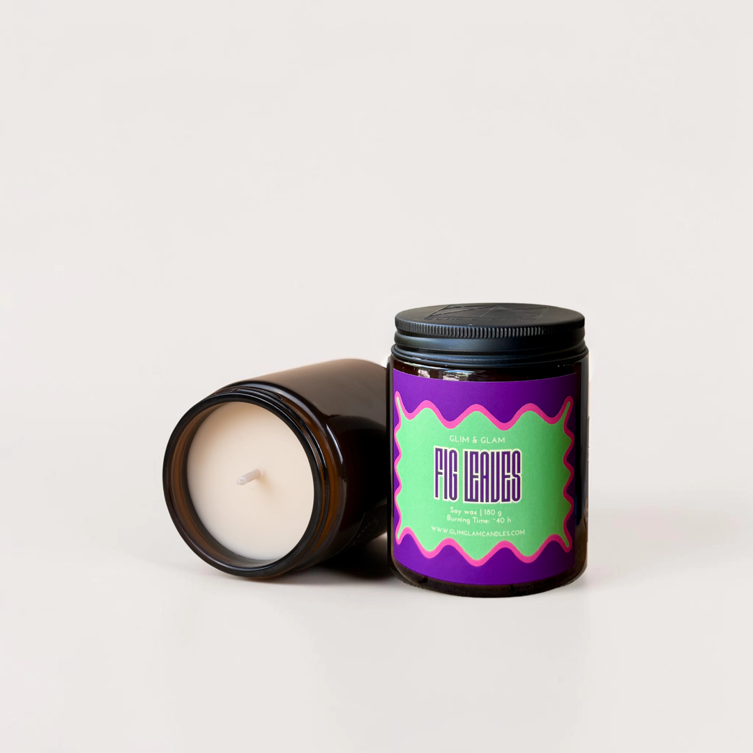 Green Fig Leaves handcrafted soy candle in amber jar, luxury home fragrance by Glim Glam