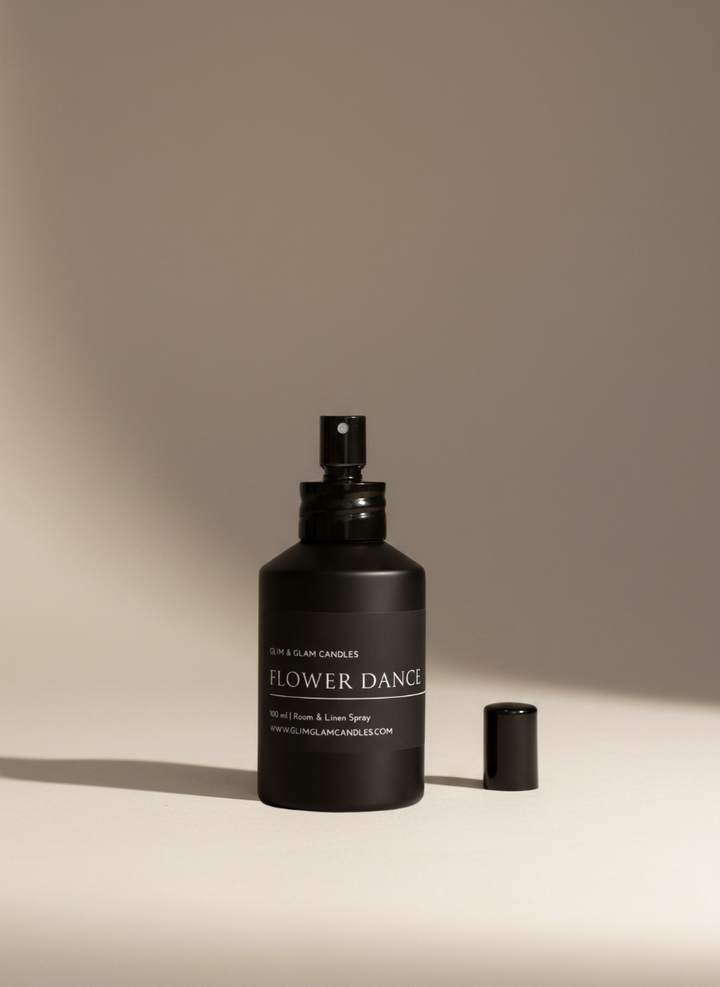 FLOWER DANCE ROOM AND FABRIC SPRAY in black matte bottle for refreshing home fragrance by Glim Glam