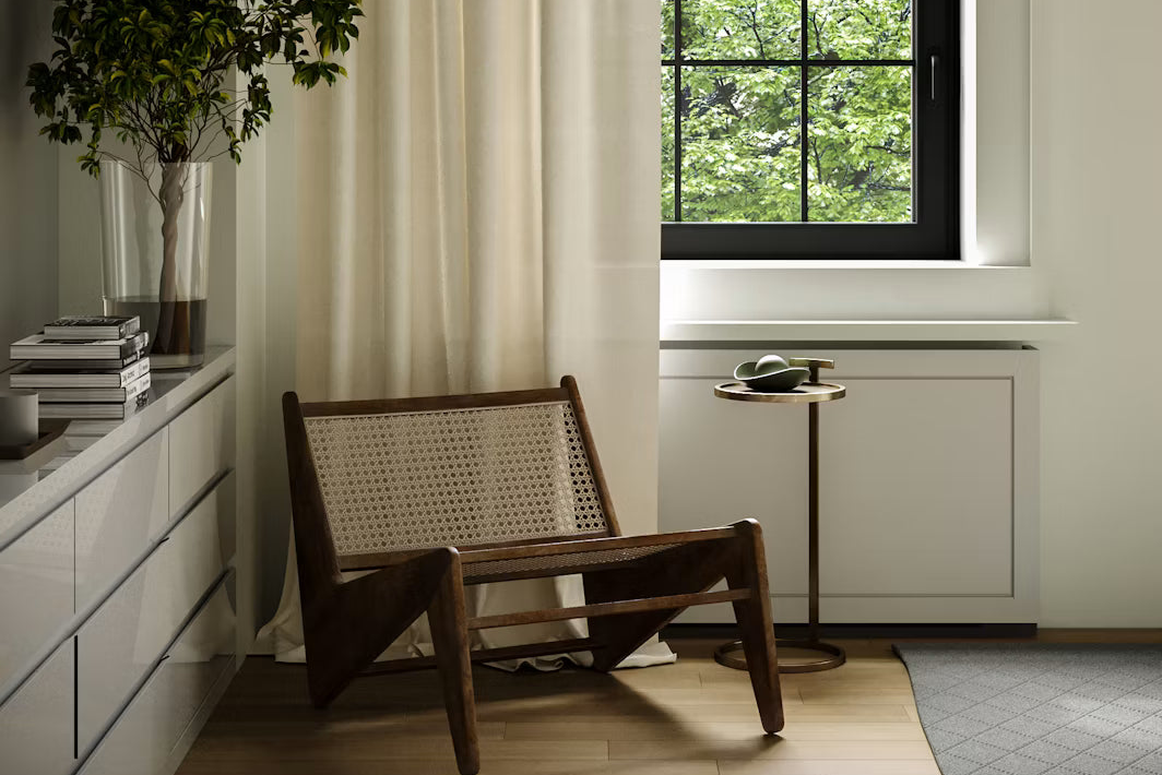Bright minimalist livingroom styled with linen bedding and natural light, ideal for fresh home fragrances.