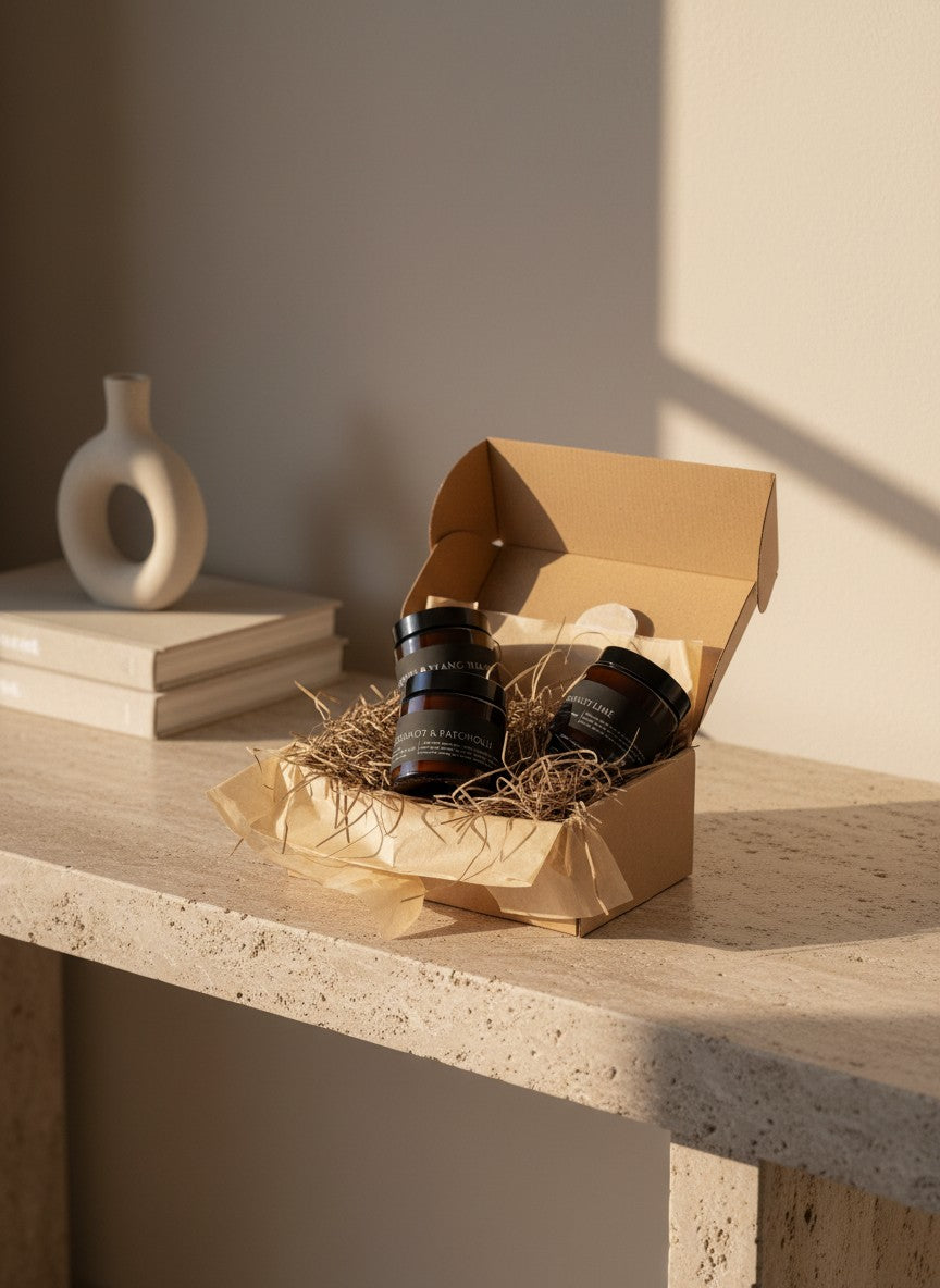 Luxury home fragrance gift box with natural styling, representing thoughtful gifting by Glim & Glam.