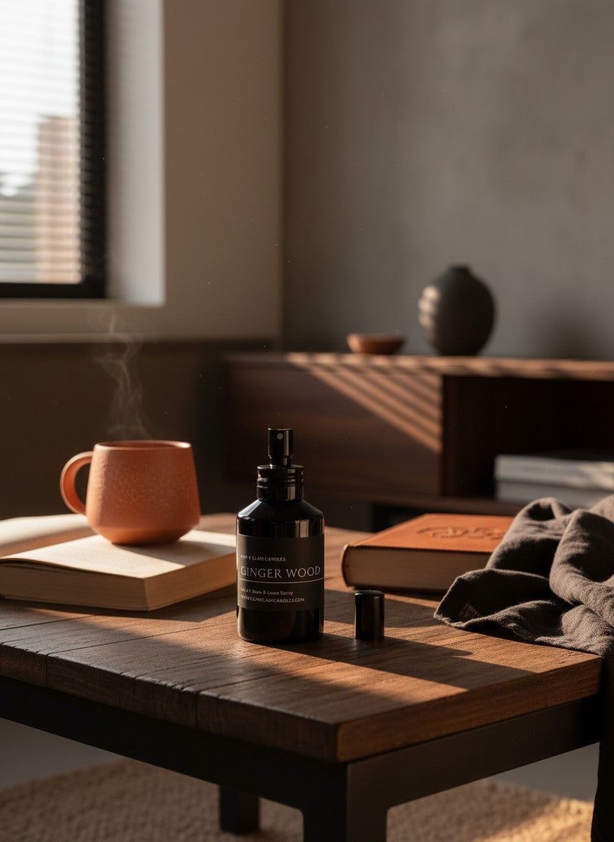 GINGER WOOD ROOM AND FABRIC SPRAY in amber bottle for refreshing home fragrance by Glim Glam