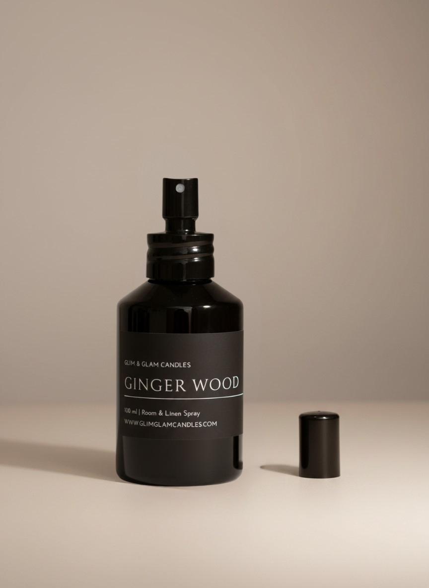 GINGER WOOD ROOM AND FABRIC SPRAY in black glossy bottle for refreshing home fragrance by Glim Glam