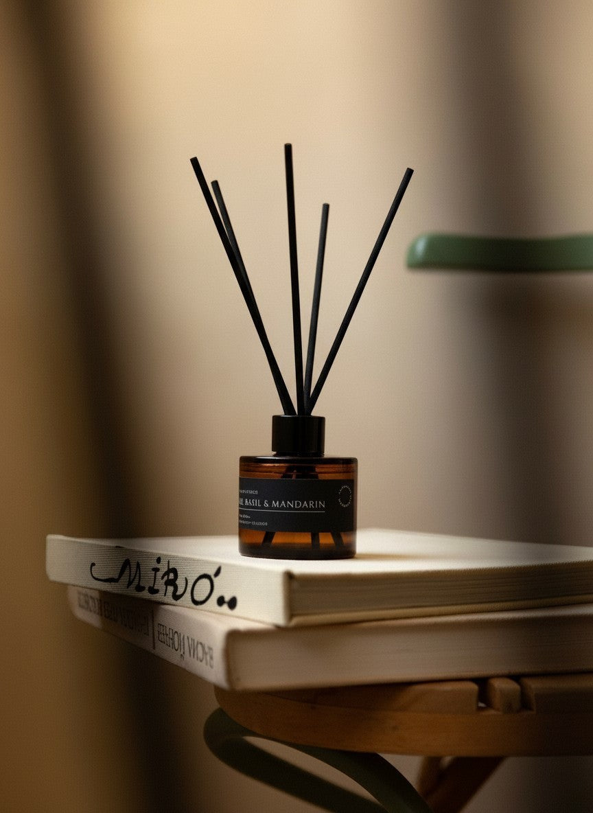 Glim & Glam Lime, Basil & Mandarin reed diffuser in an amber glass bottle with black reeds resting on stacked books.