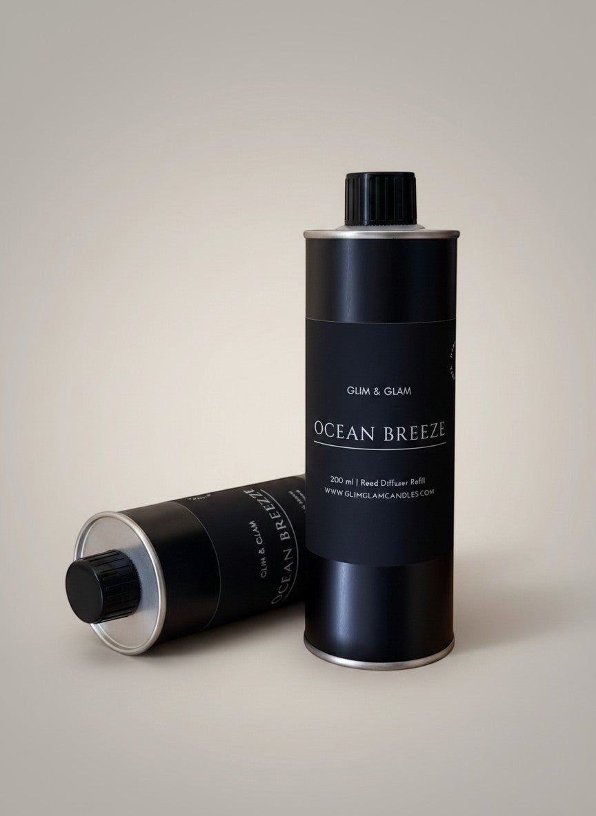 Glim & Glam Ocean Breeze 200ml reed diffuser refill in black metal bottles for sustainable home fragrance