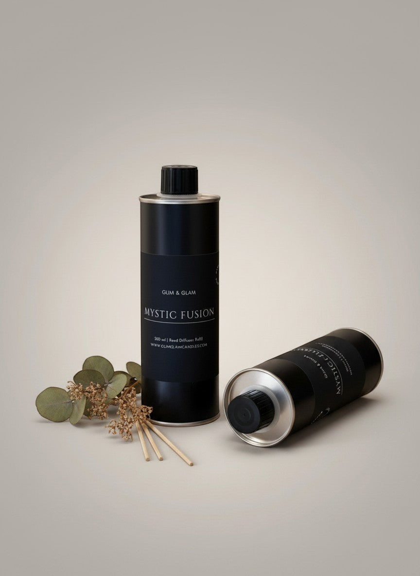 Glim & Glam Mystic Fusion reed diffuser refill bottles in black metal with eucalyptus sprigs and reeds.