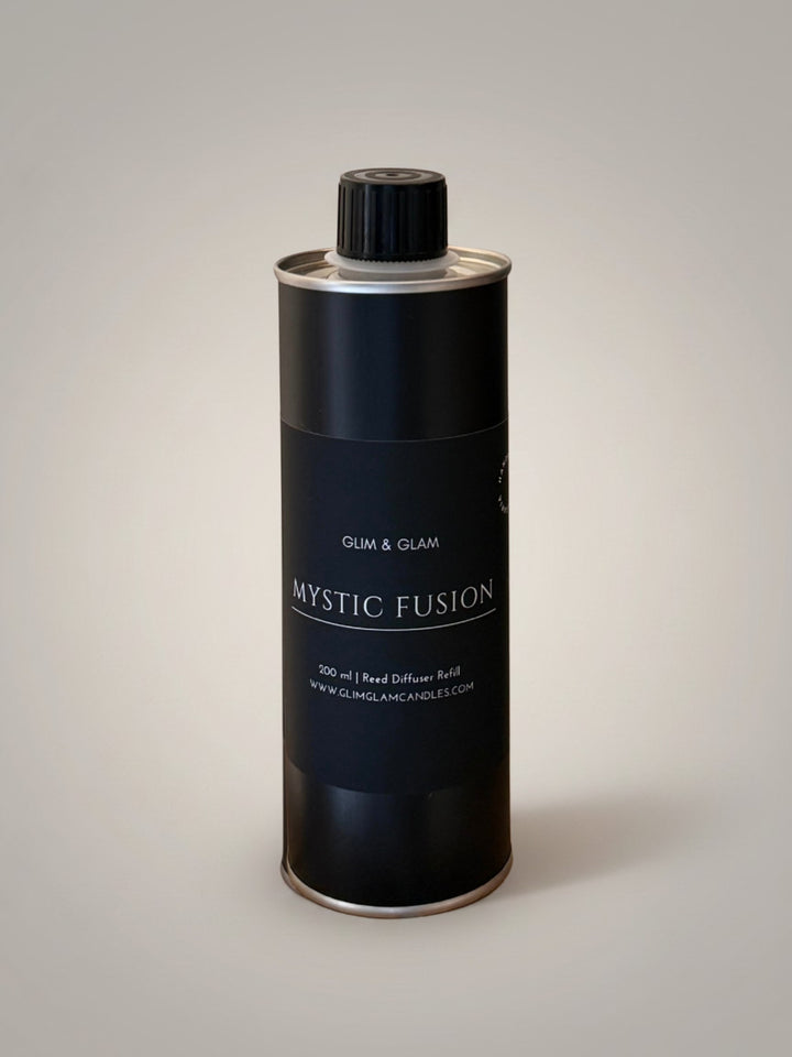 Glim & Glam Mystic Fusion 200ml reed diffuser refill in a sleek black metal bottle for sustainable home fragrance.