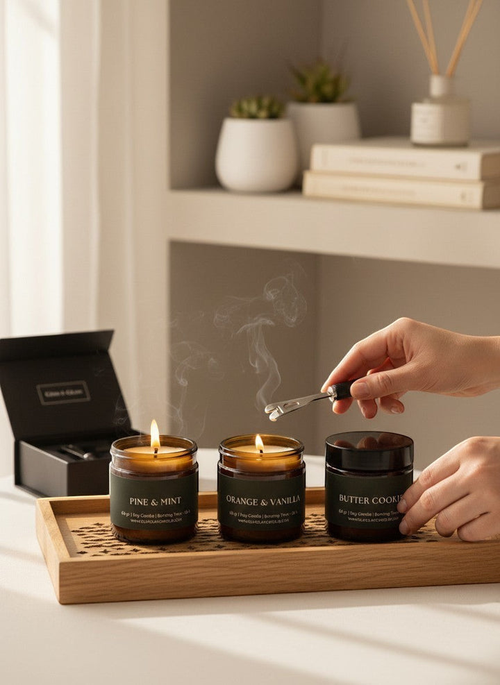 Glim & Glam Slow Season gift set featuring three mini soy candles: Pine & Mint, Orange & Vanilla, and Butter Cookies in amber jars.