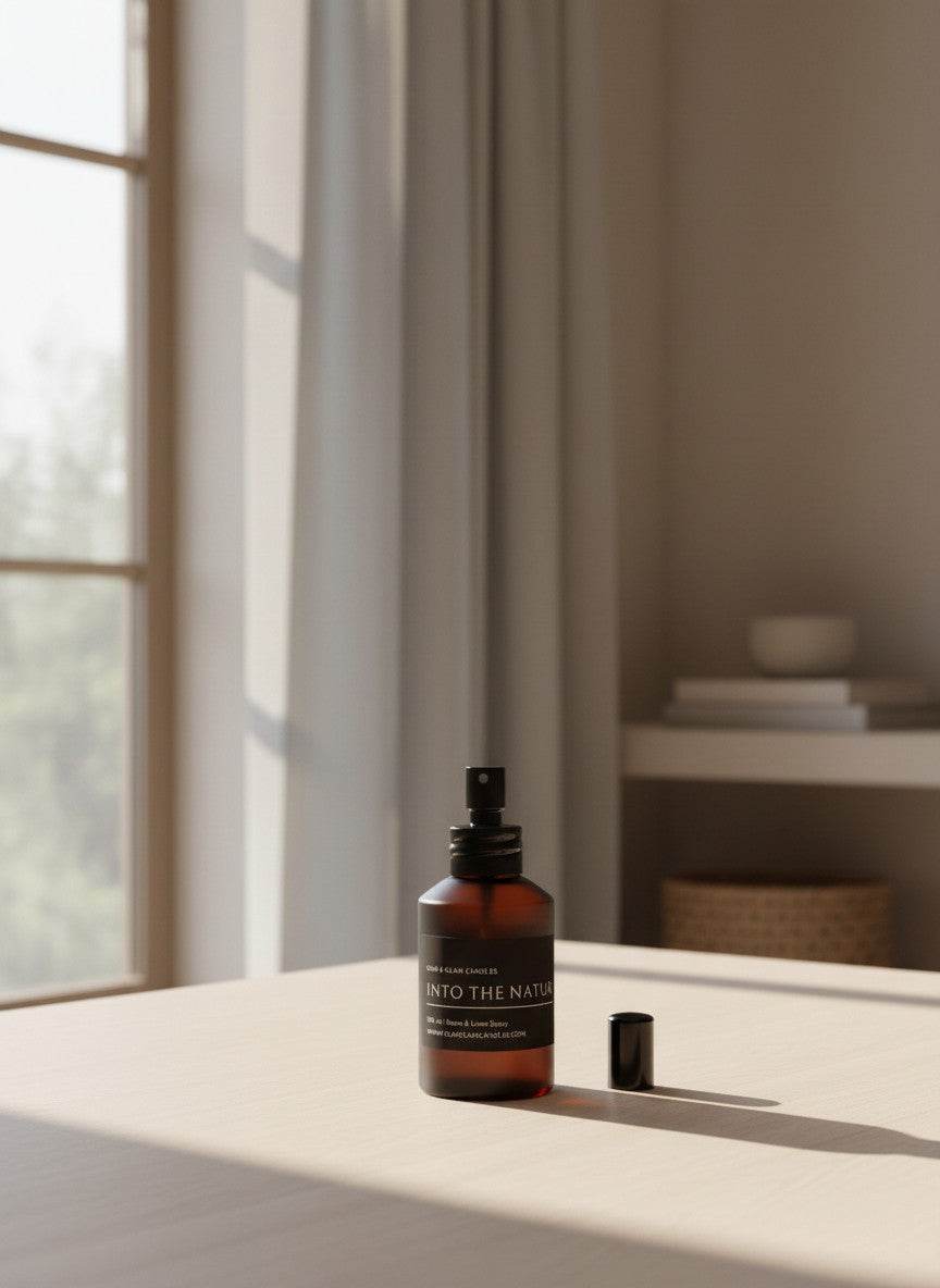 INTO THE NATURE ROOM AND FABRIC SPRAY in amber bottle for refreshing home fragrance by Glim Glam
