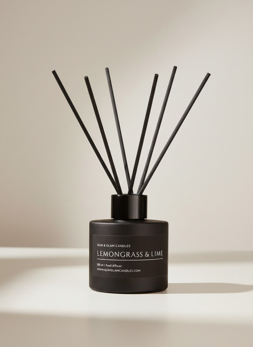 LEMONGRASS & LIME REED DIFFUSER in black matte 100 ml bottle, long-lasting luxury home fragrance by Glim Glam