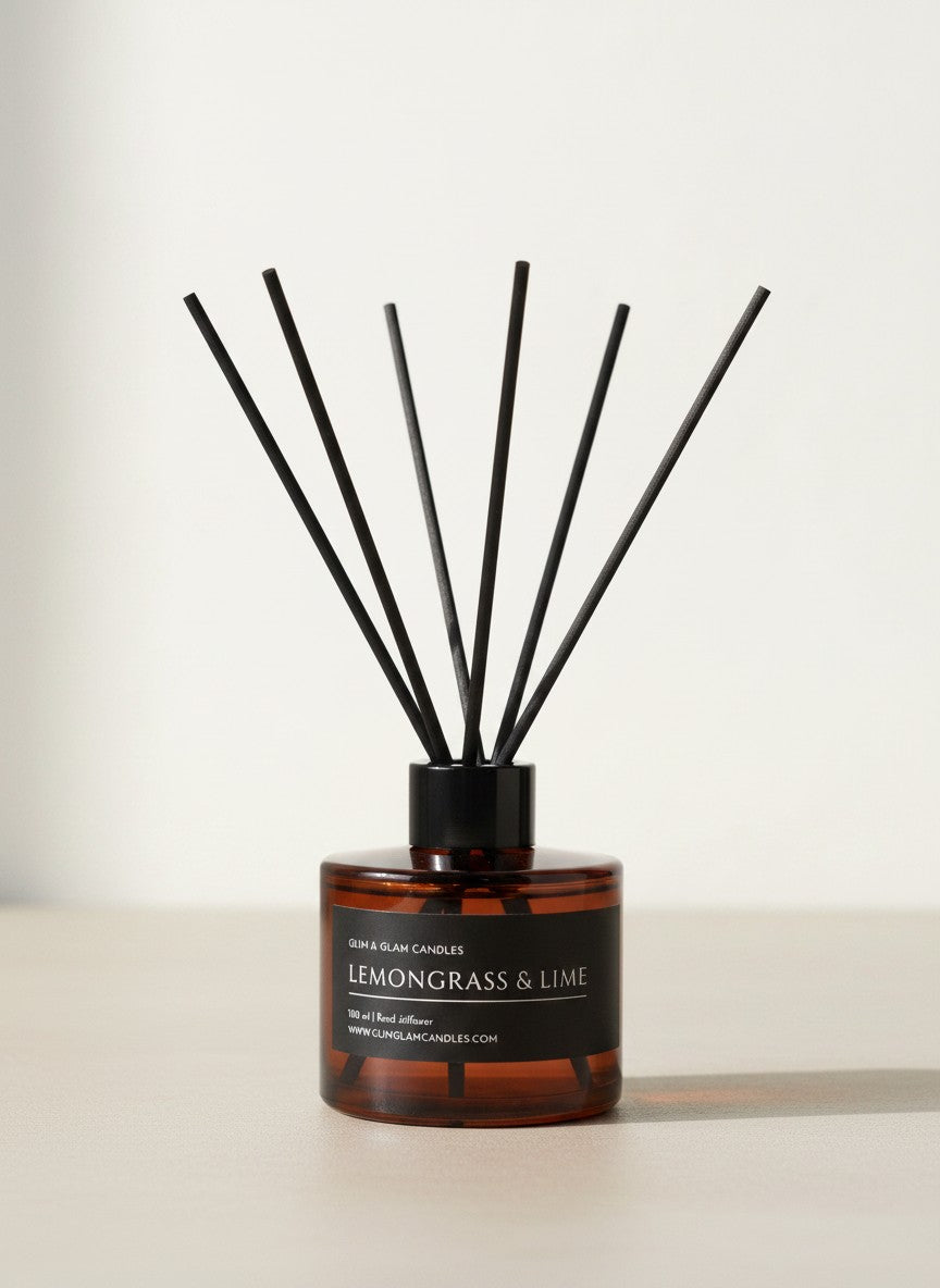 LEMONGRASS & LIME REED DIFFUSER in black matte 500 ml bottle, long-lasting luxury home fragrance by Glim Glam