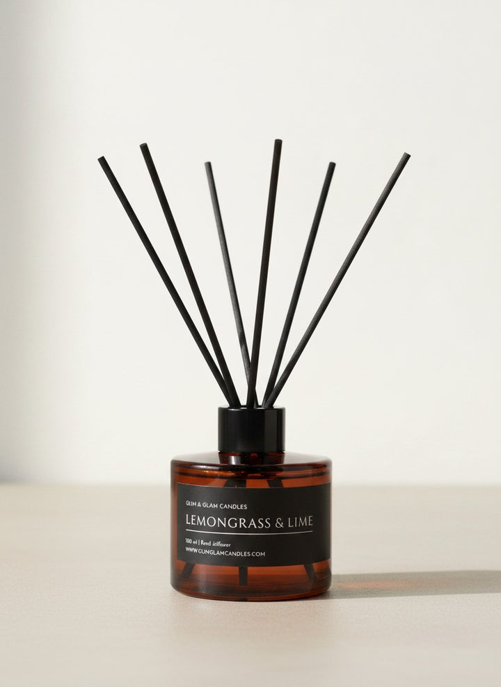 LEMONGRASS & LIME REED DIFFUSER in black matte 500 ml bottle, long-lasting luxury home fragrance by Glim Glam