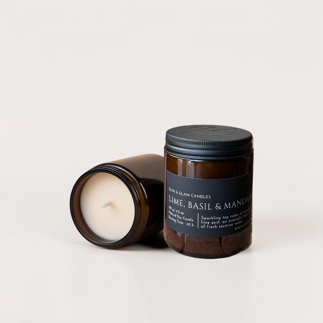 LIME, BASIL & MANDARIN handcrafted soy candle in amber jar, luxury home fragrance by Glim Glam