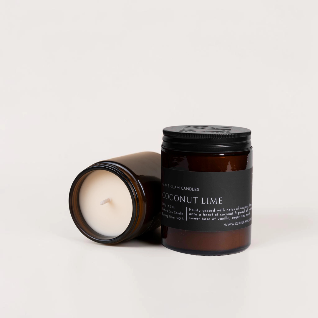 COCONUT LIME handcrafted soy candle in amber jar, luxury home fragrance by Glim Glam