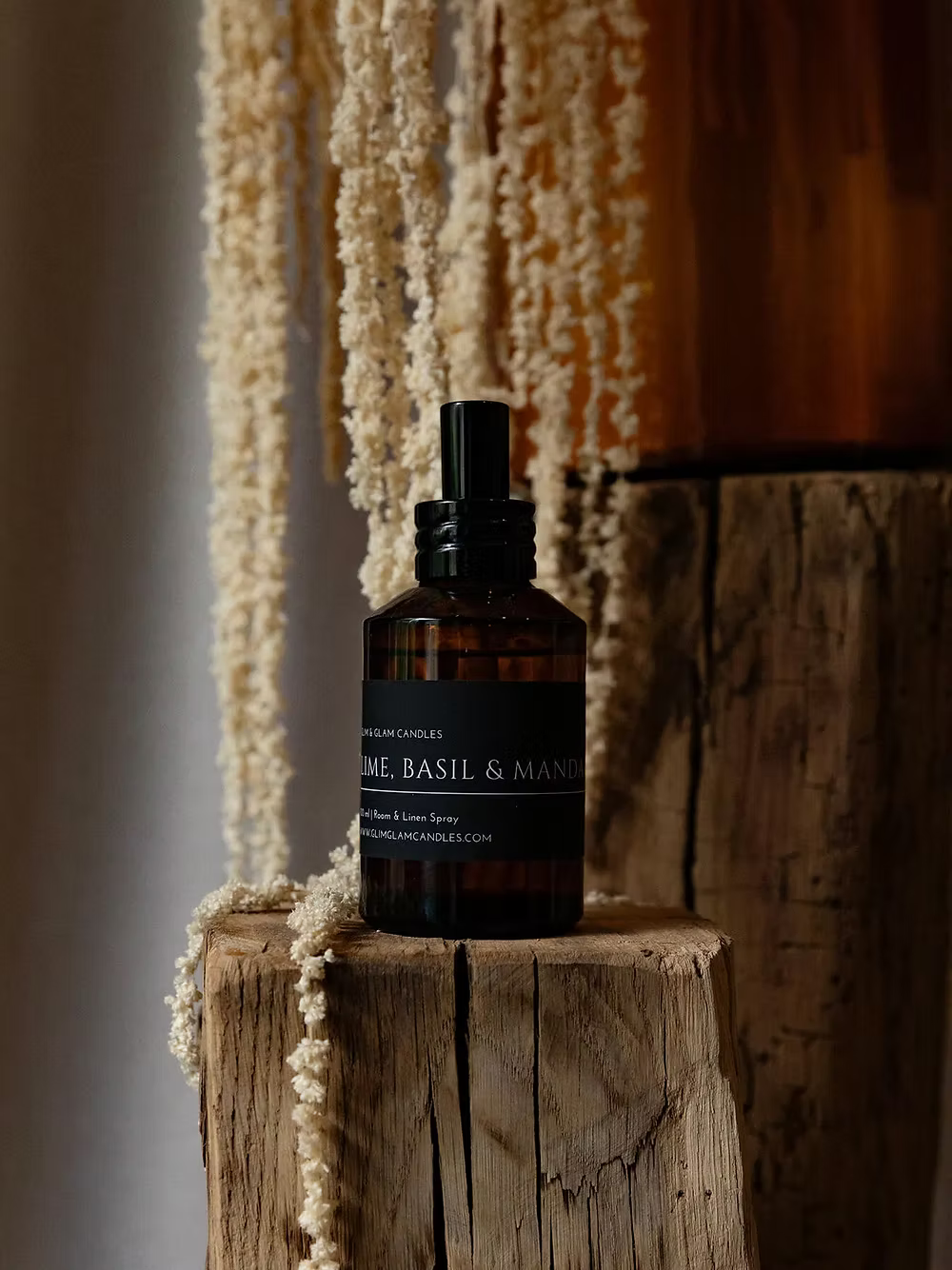 LIME, BASIL & MANDARIN LIME ROOM AND FABRIC SPRAY in amber bottle for refreshing home fragrance by Glim Glam