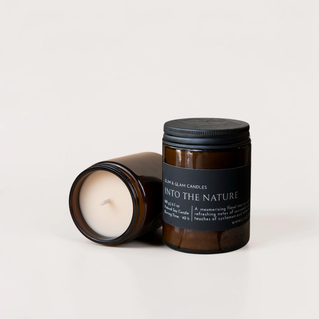 INTO THE NATURE handcrafted soy candle in amber jar, luxury home fragrance by Glim Glam
