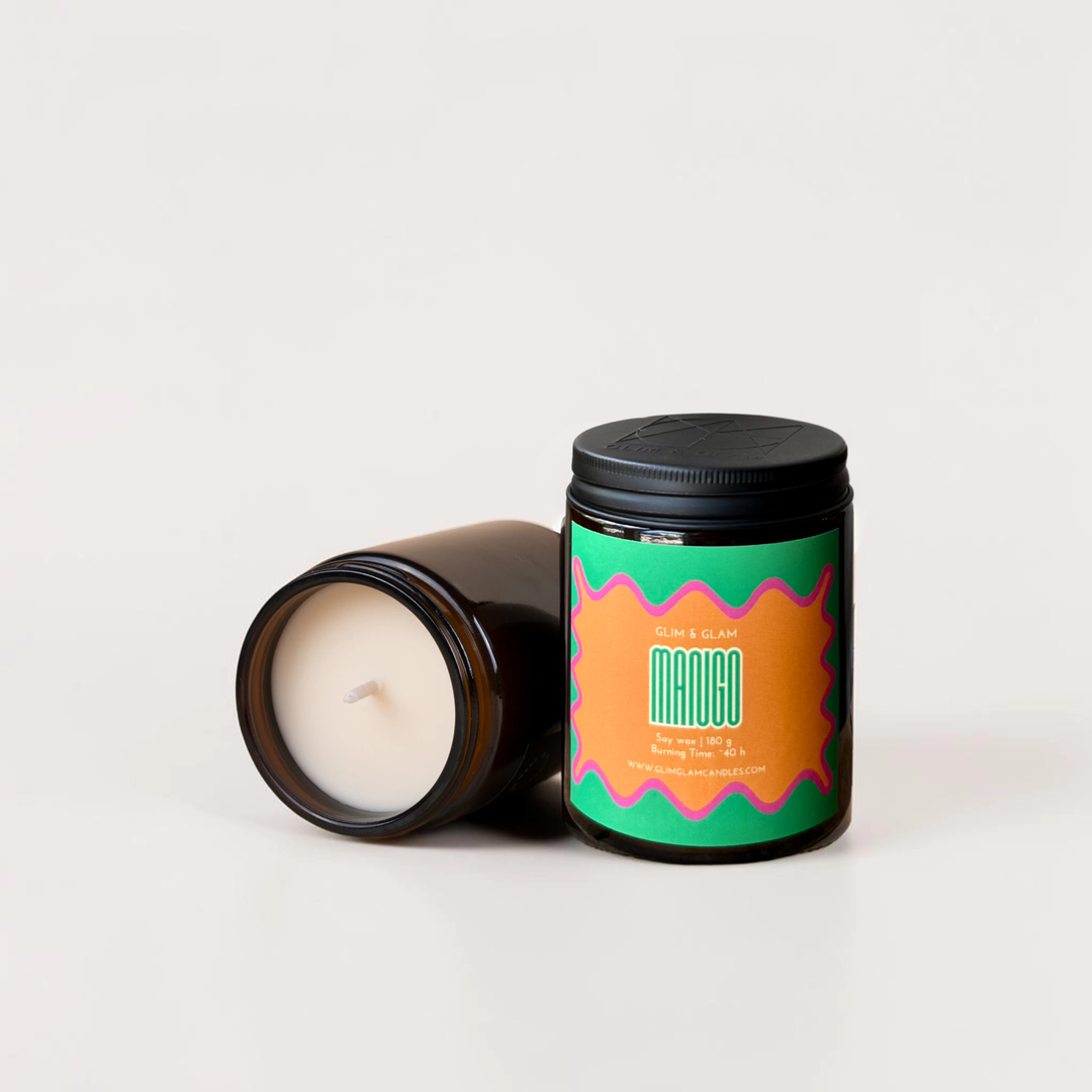 Mango handcrafted soy candle in amber jar, luxury home fragrance by Glim Glam