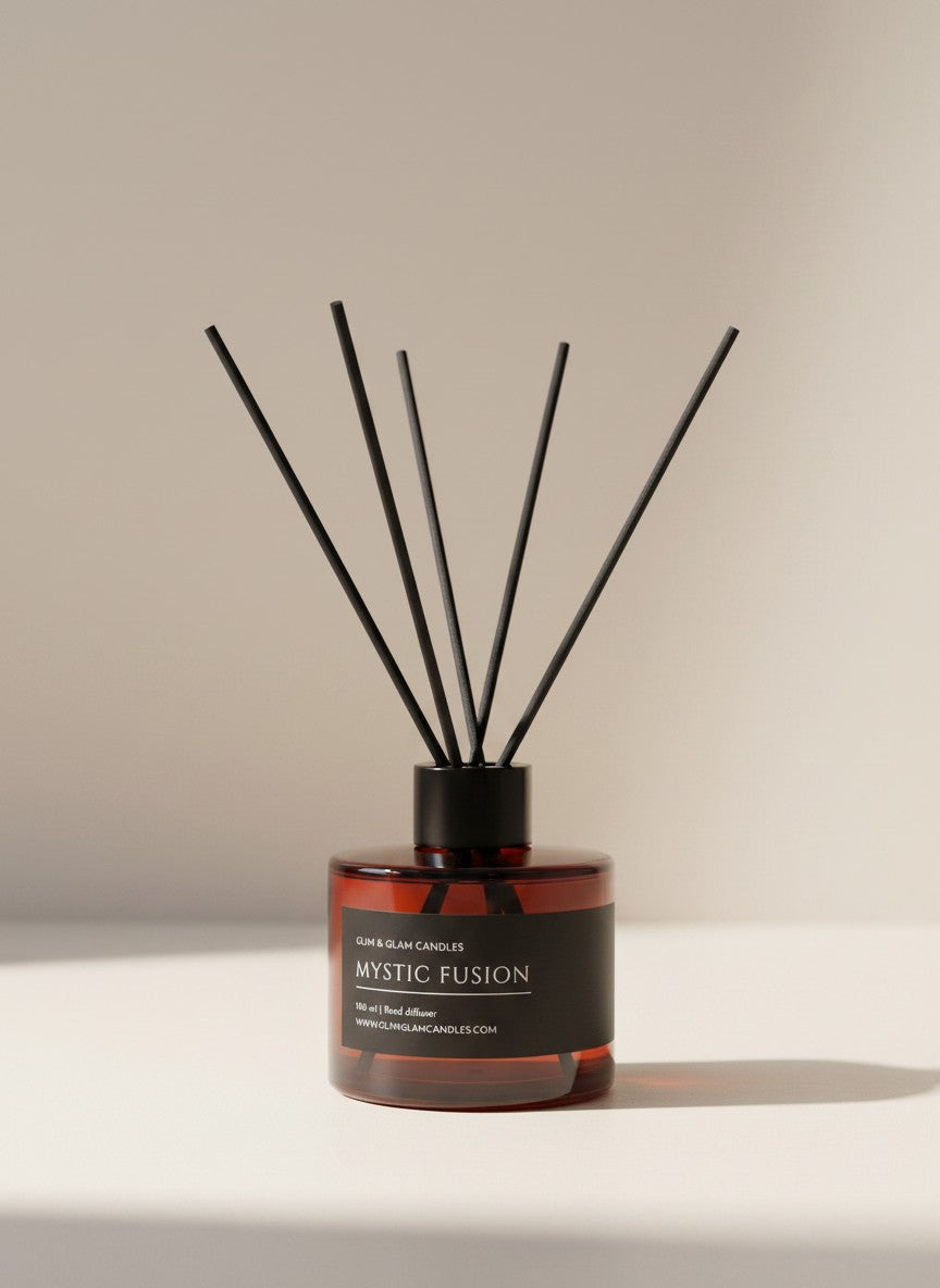 MYSTIC FUSION REED DIFFUSER in black matte 500 ml bottle, long-lasting luxury home fragrance by Glim Glam