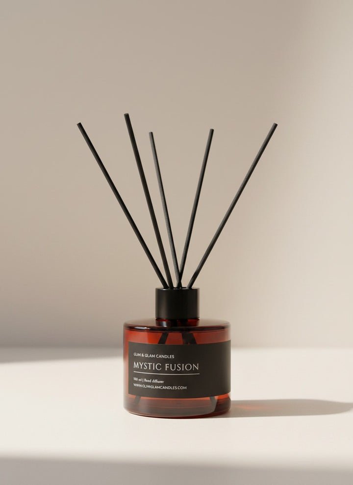 MYSTIC FUSION REED DIFFUSER in black matte 500 ml bottle, long-lasting luxury home fragrance by Glim Glam