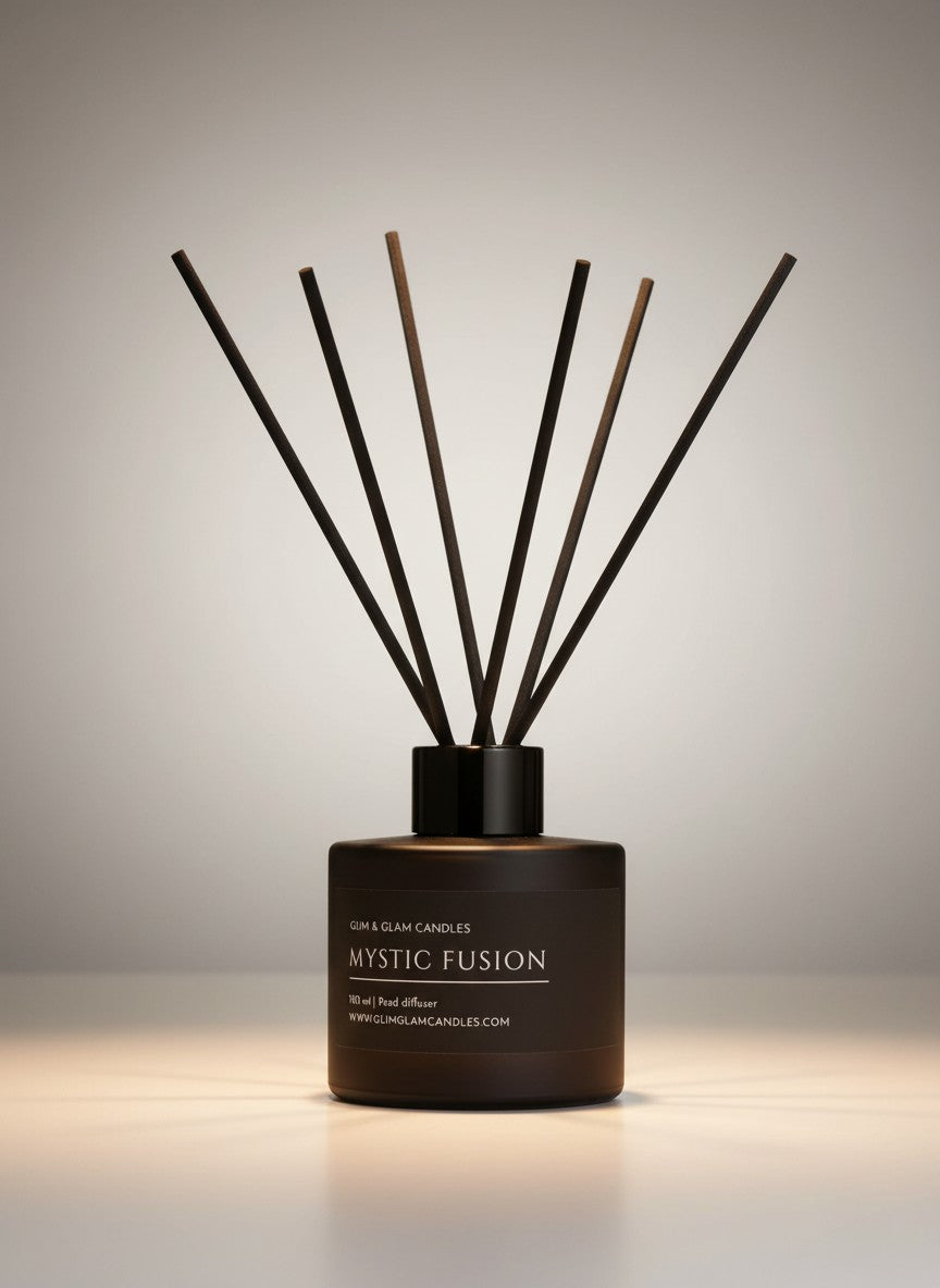 MYSTIC FUSION REED DIFFUSER in black matte 100 ml bottle, long-lasting luxury home fragrance by Glim Glam