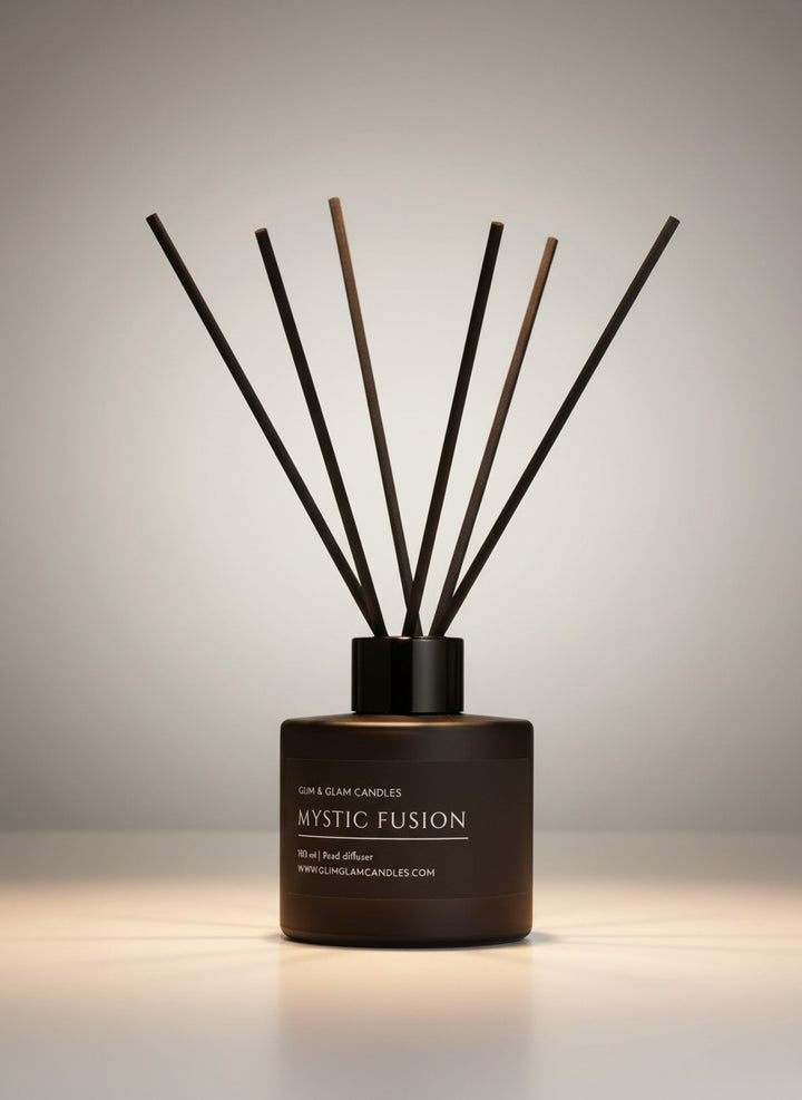 MYSTIC FUSION REED DIFFUSER in black matte 100 ml bottle, long-lasting luxury home fragrance by Glim Glam