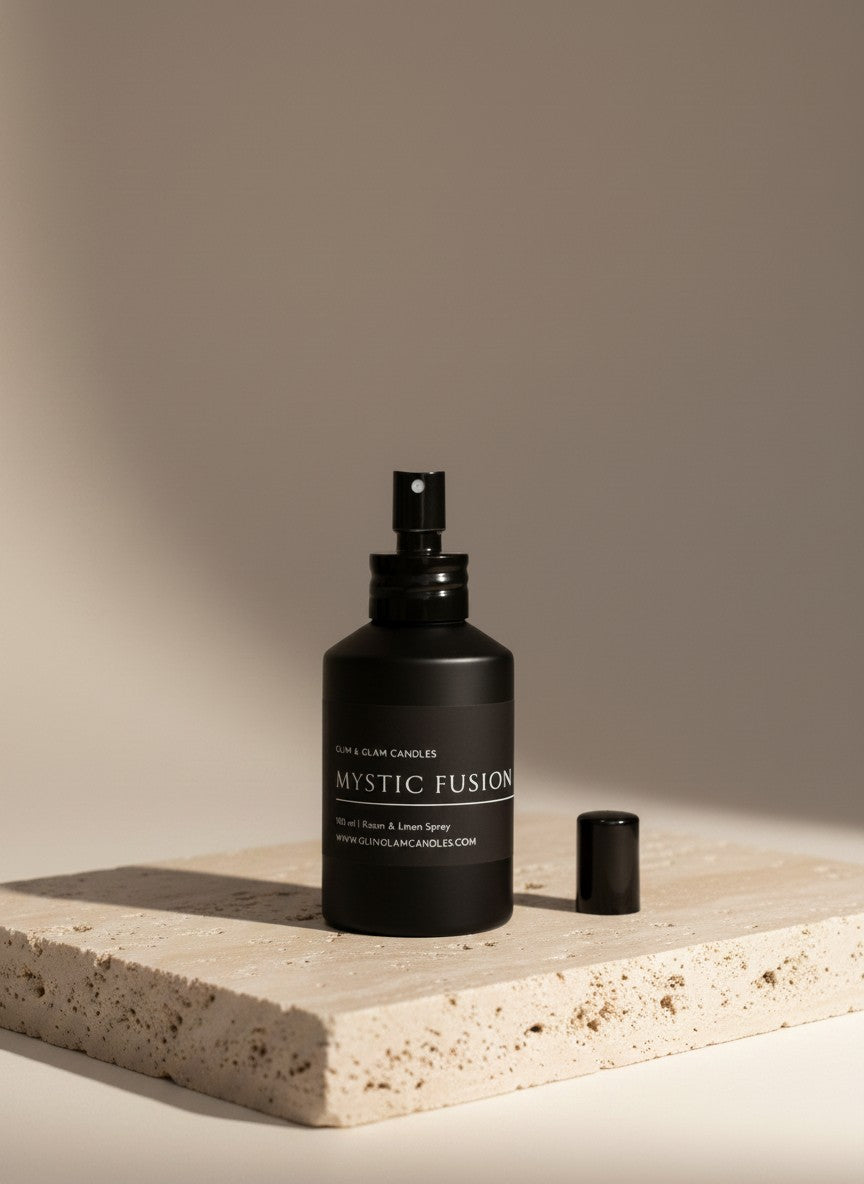 MYSTIC FUSION ROOM AND FABRIC SPRAY in black glossy bottle for refreshing home fragrance by Glim Glam