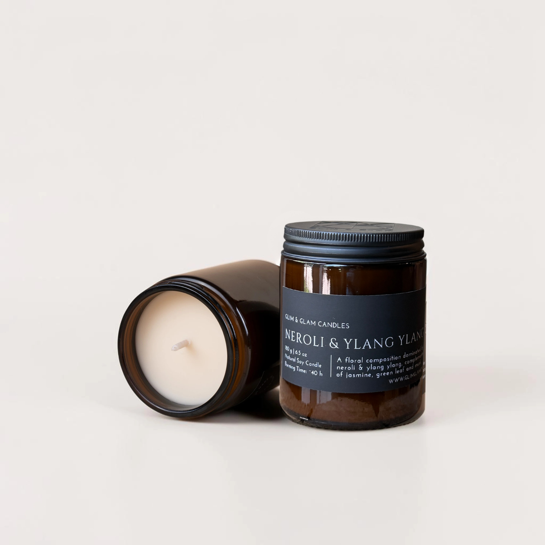NEROLI & YLANG YLANG handcrafted soy candle in amber jar, luxury home fragrance by Glim Glam
