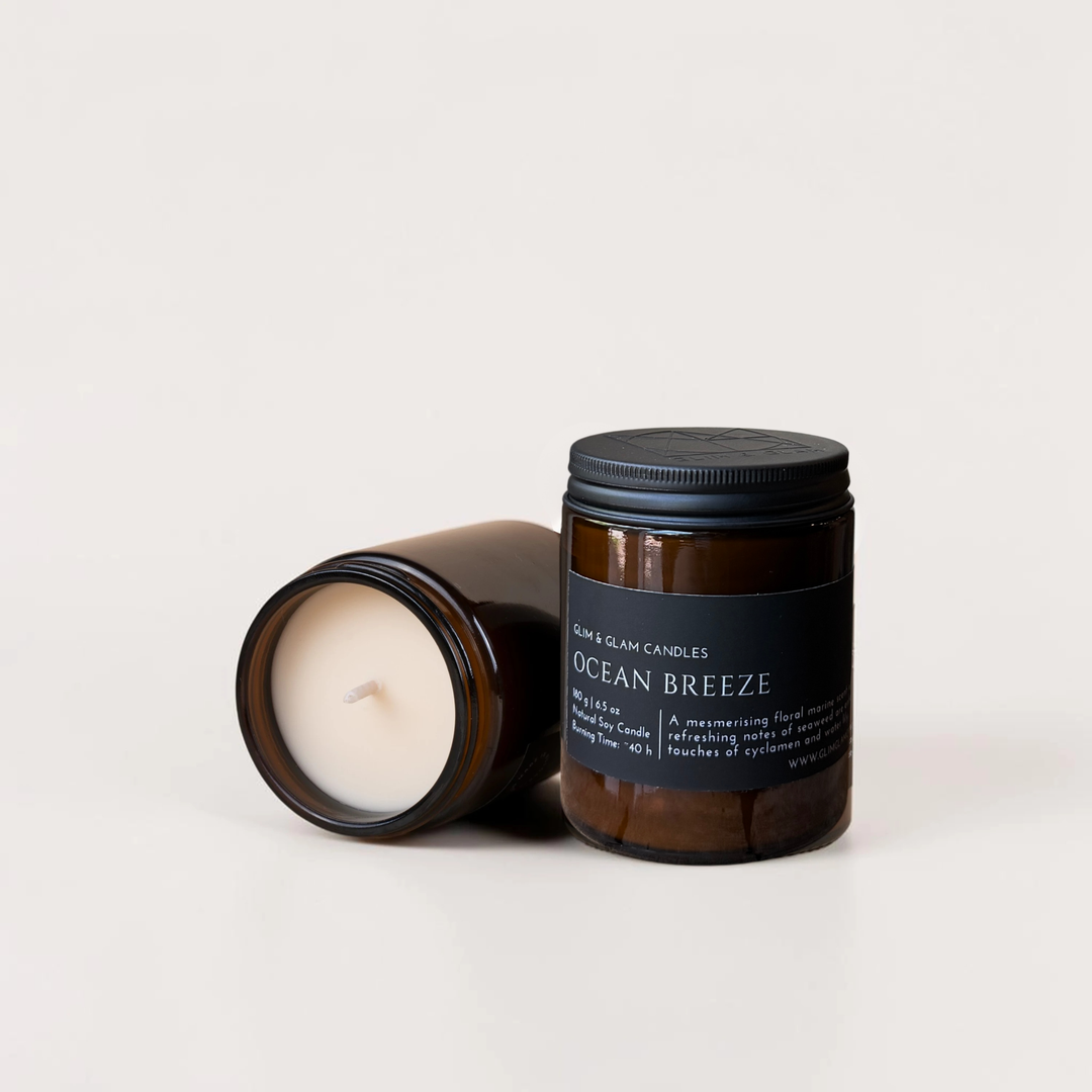 OCEAN BREEZE handcrafted soy candle in amber jar, luxury home fragrance by Glim Glam
