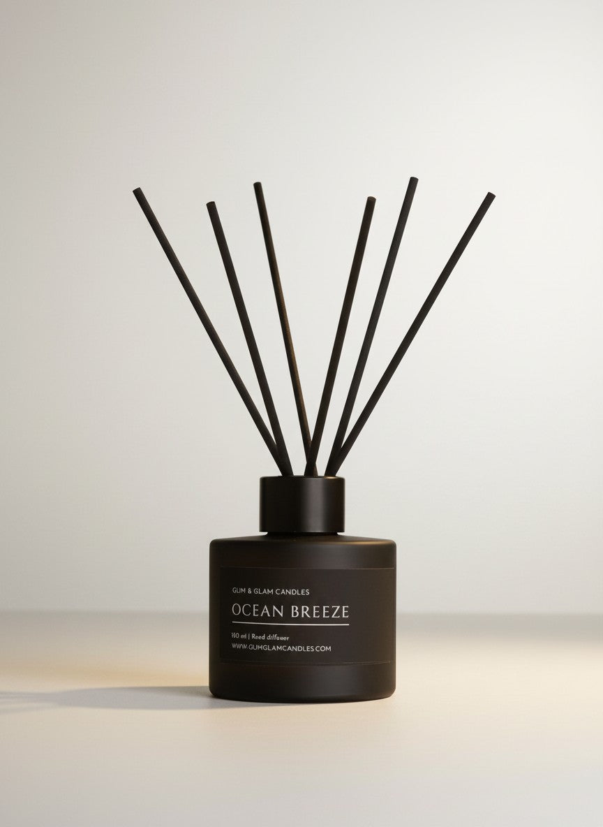 OCEAN BREEZE REED DIFFUSER in black matte 100 ml bottle, long-lasting luxury home fragrance by Glim Glam