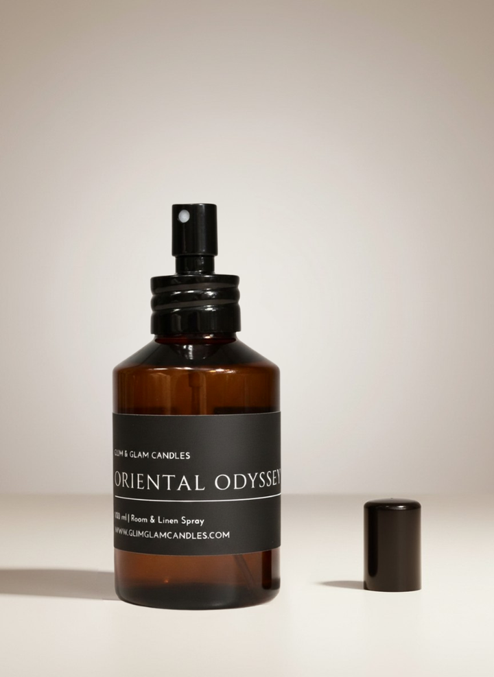 ORIENTAL ODYSSEY ROOM AND FABRIC SPRAY in black glossy bottle for refreshing home fragrance by Glim Glam