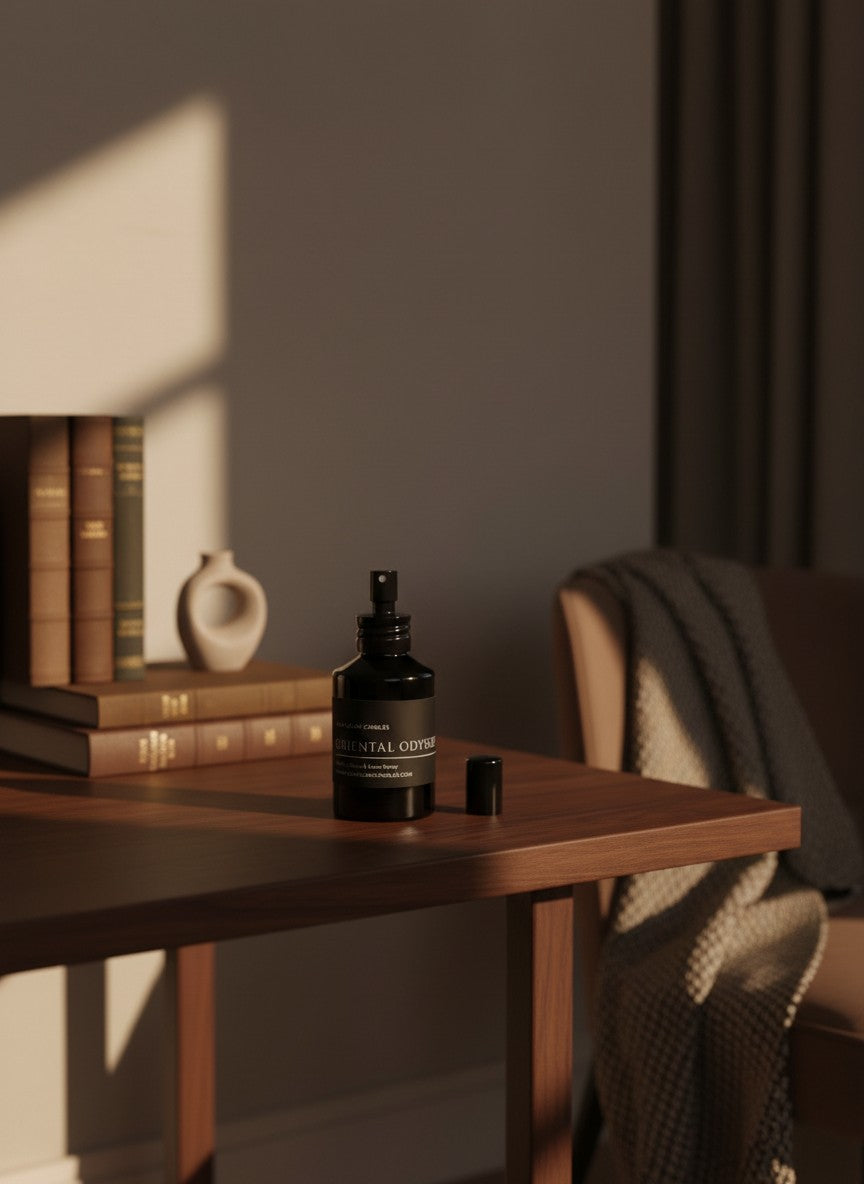 ORIENTAL ODYSSEY ROOM AND FABRIC SPRAY in amber bottle for refreshing home fragrance by Glim Glam