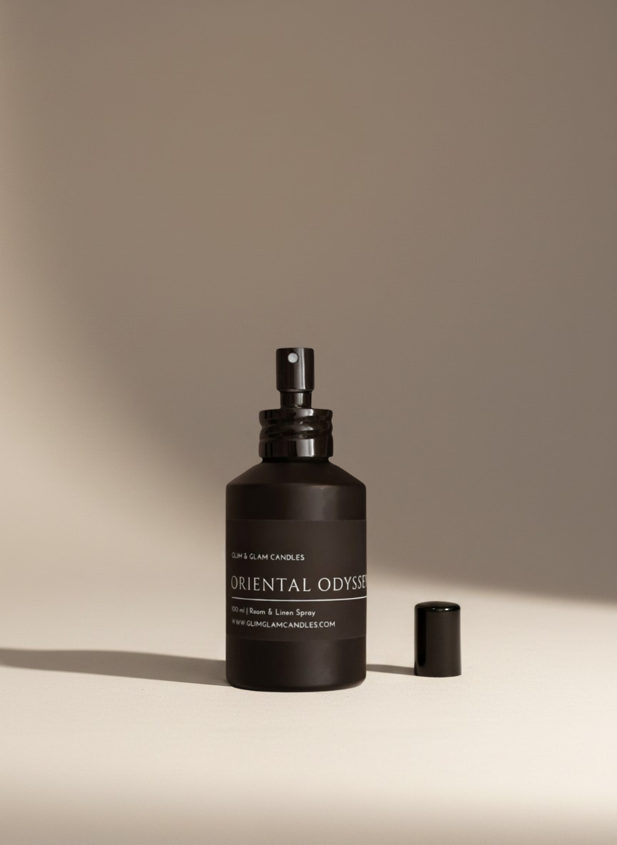 ORIENTAL ODYSSEY ROOM AND FABRIC SPRAY in black matte bottle for refreshing home fragrance by Glim Glam